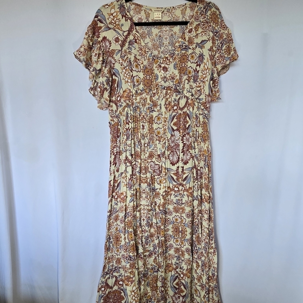 Sundance Autumn Floral V Neck Flutter Sleeve High Low Dress Holiday Boho, sz 6